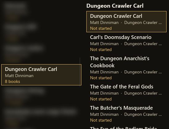 Series card for Dungeon Crawler Carl, 8 books, and the books in that series, each Not started.